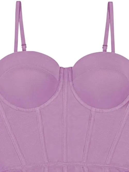 REORIA Women's Trendy Sexy Mesh Sheer Spaghetti Strap Going Out Slimming Bustier Corset Bodysuit With Built In Bra