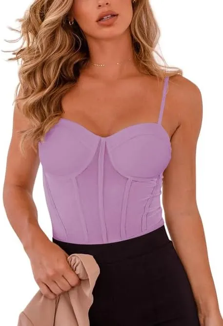 REORIA Women's Trendy Sexy Mesh Sheer Spaghetti Strap Going Out Slimming Bustier Corset Bodysuit With Built In Bra