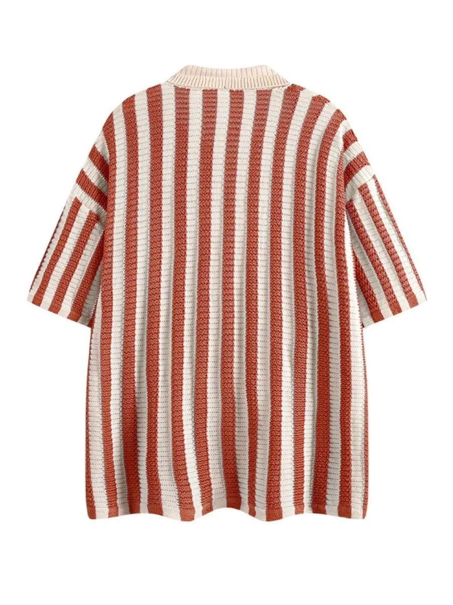 Retro Striped Crochet Oversized Shirt