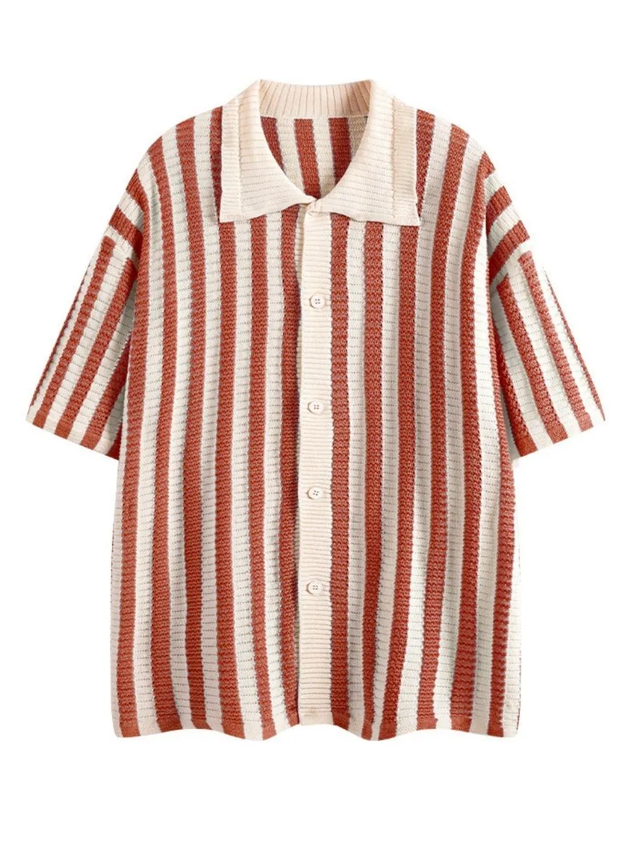 Retro Striped Crochet Oversized Shirt