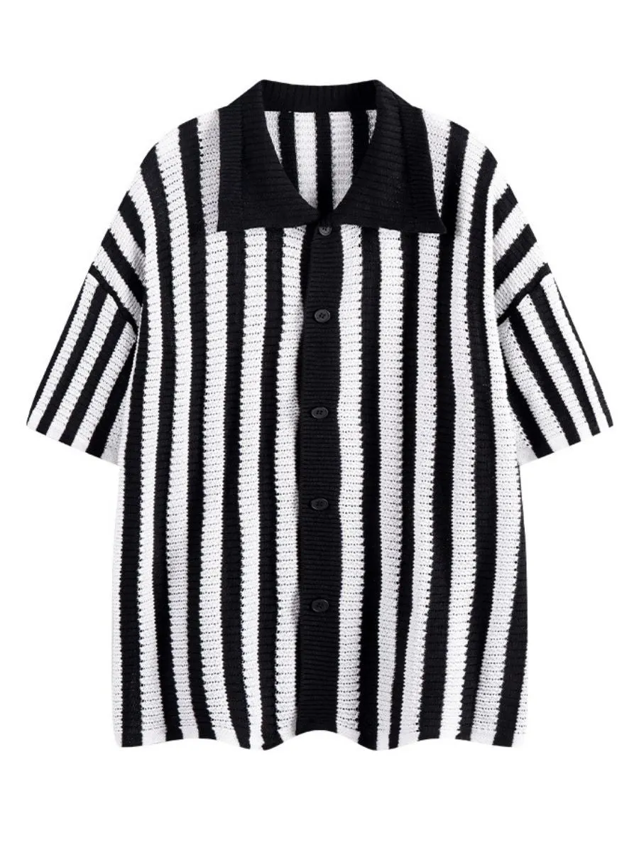 Retro Striped Crochet Oversized Shirt