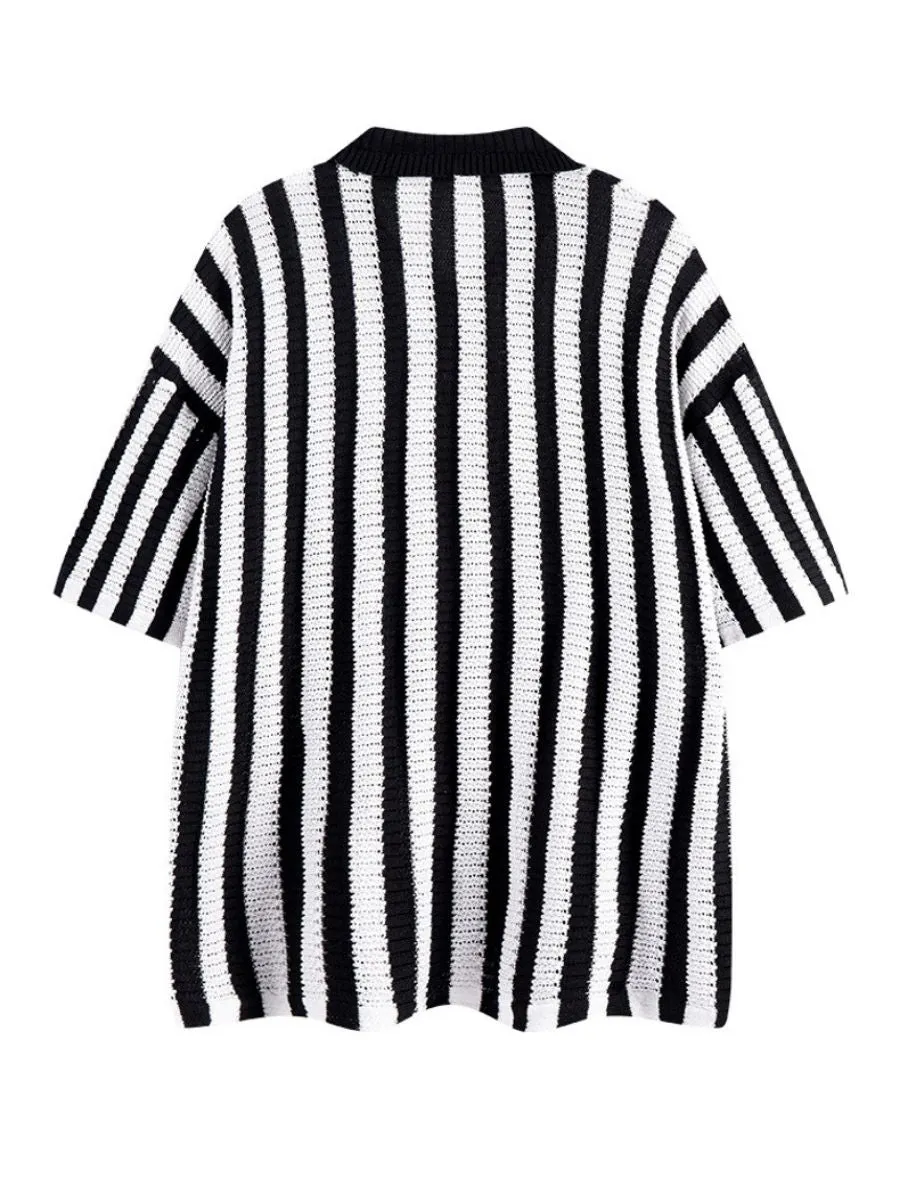 Retro Striped Crochet Oversized Shirt