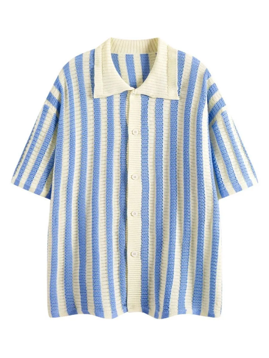 Retro Striped Crochet Oversized Shirt