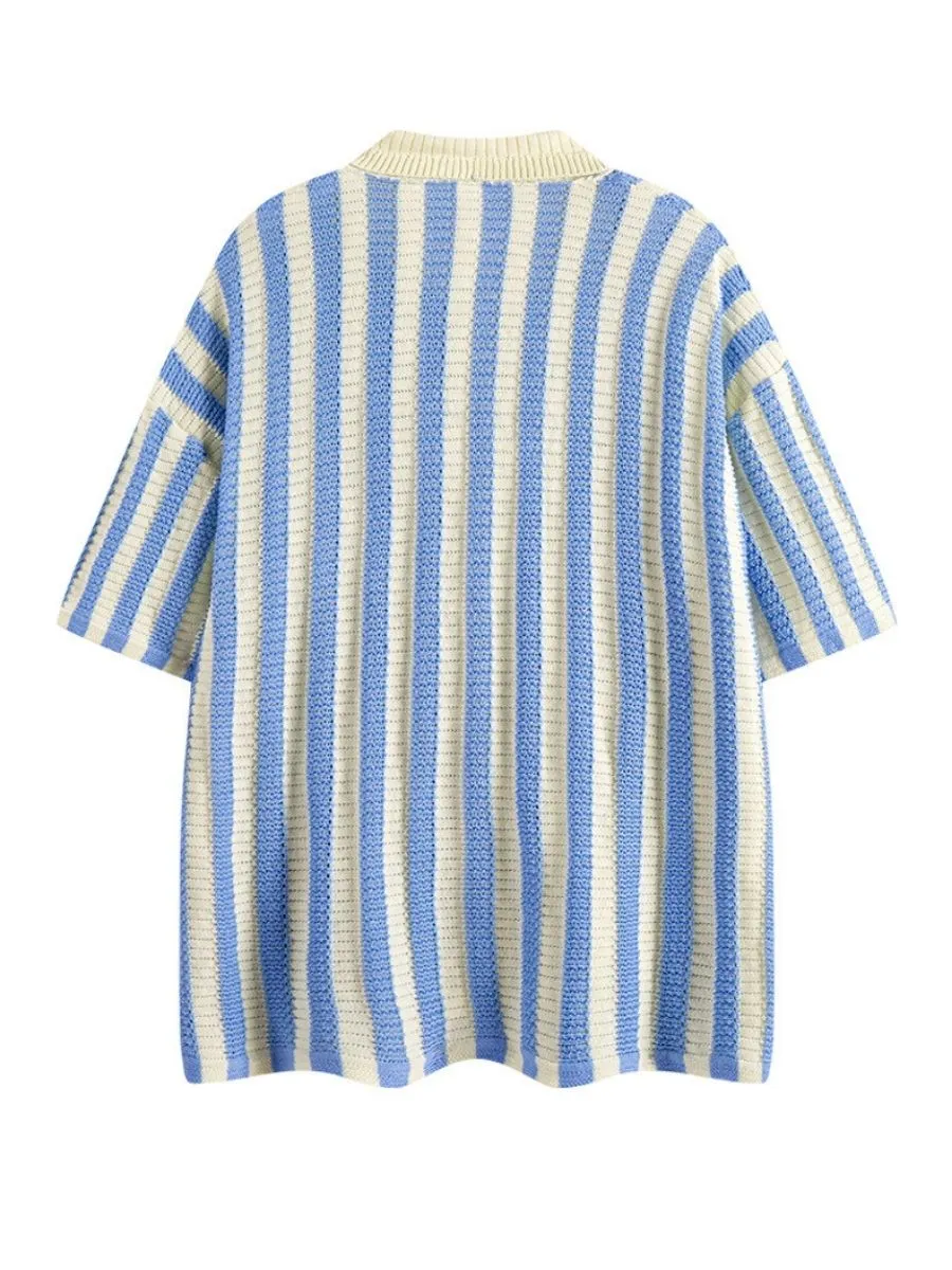 Retro Striped Crochet Oversized Shirt