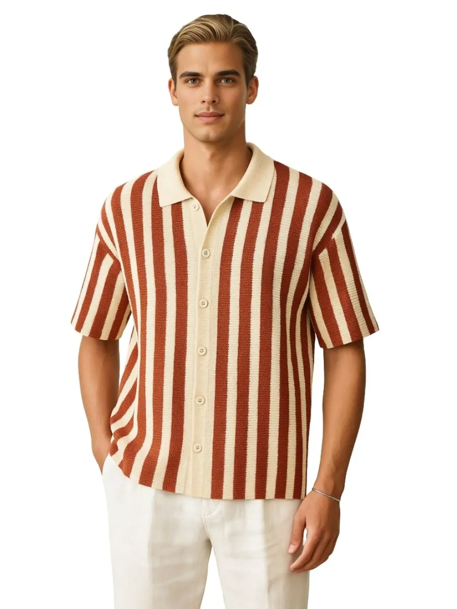 Retro Striped Crochet Oversized Shirt