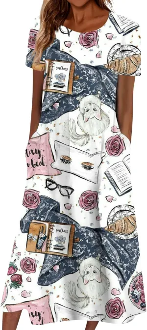 Round Neck Dress Ladies Trendy Short-Sleeve Fashion with Pocket Beach Summer Women's Swing Floral Print 2024 Dresses
