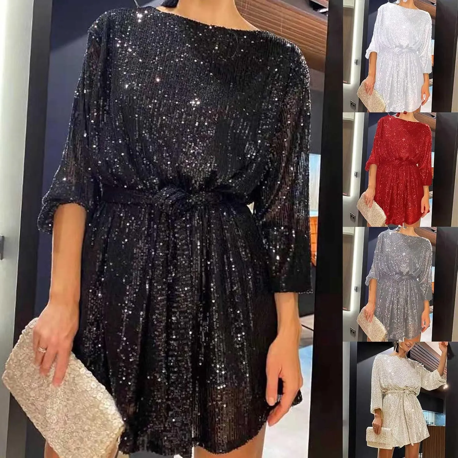Rvidbe Women Sequin Midi Dress 2024 Fashion Casual Long Sleeve Sparkly Dress Wedding Guest Plus Size Formal Sexy Club Dresses