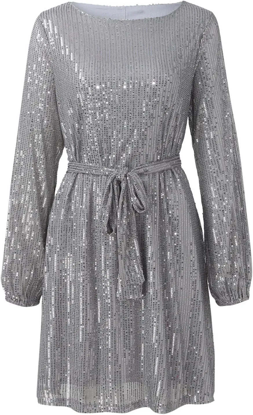 Rvidbe Women Sequin Midi Dress 2024 Fashion Casual Long Sleeve Sparkly Dress Wedding Guest Plus Size Formal Sexy Club Dresses