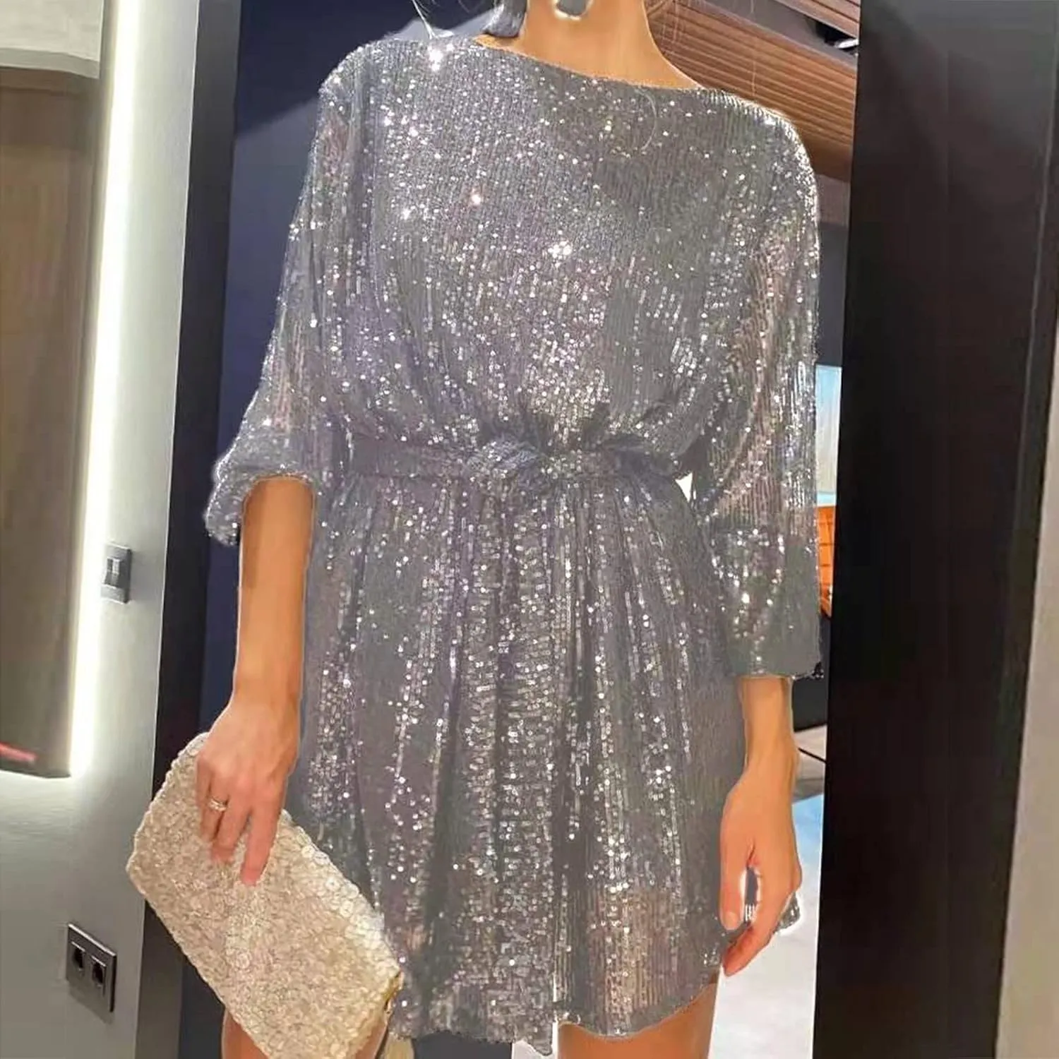 Rvidbe Women Sequin Midi Dress 2024 Fashion Casual Long Sleeve Sparkly Dress Wedding Guest Plus Size Formal Sexy Club Dresses