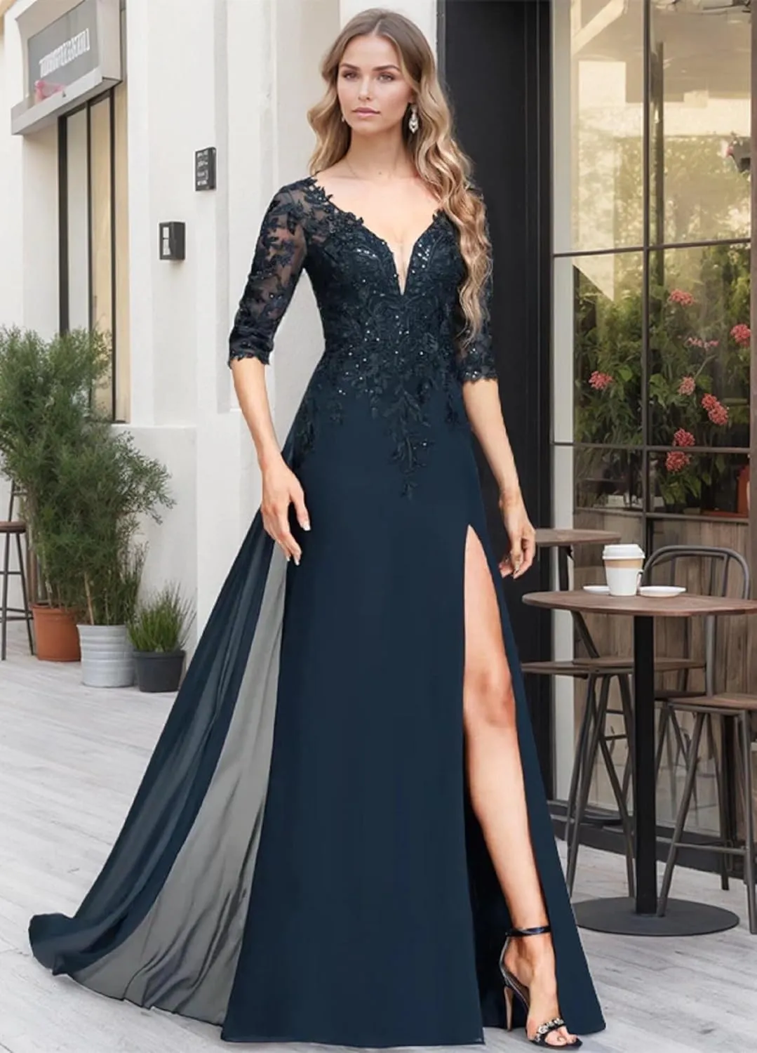 Sequins Applique Chiffon Mother of The Bride Dresses for Wedding V Neck Mother of The Groom Dresses for Women with Split