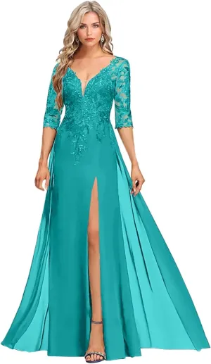 Sequins Applique Chiffon Mother of The Bride Dresses for Wedding V Neck Mother of The Groom Dresses for Women with Split