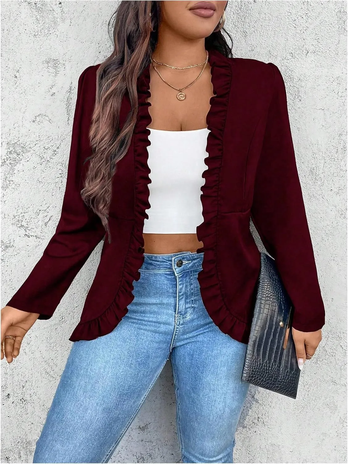 SHENHE Women's Plus Size Open Front Ruffle Trim Elegant Business Casual Office Blazer Jacket