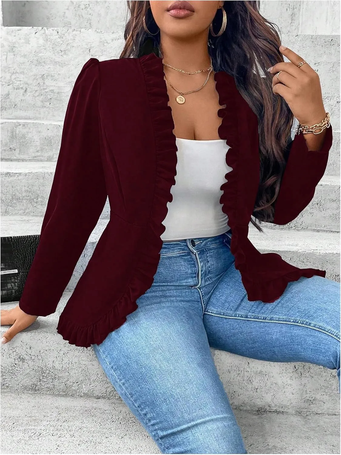 SHENHE Women's Plus Size Open Front Ruffle Trim Elegant Business Casual Office Blazer Jacket