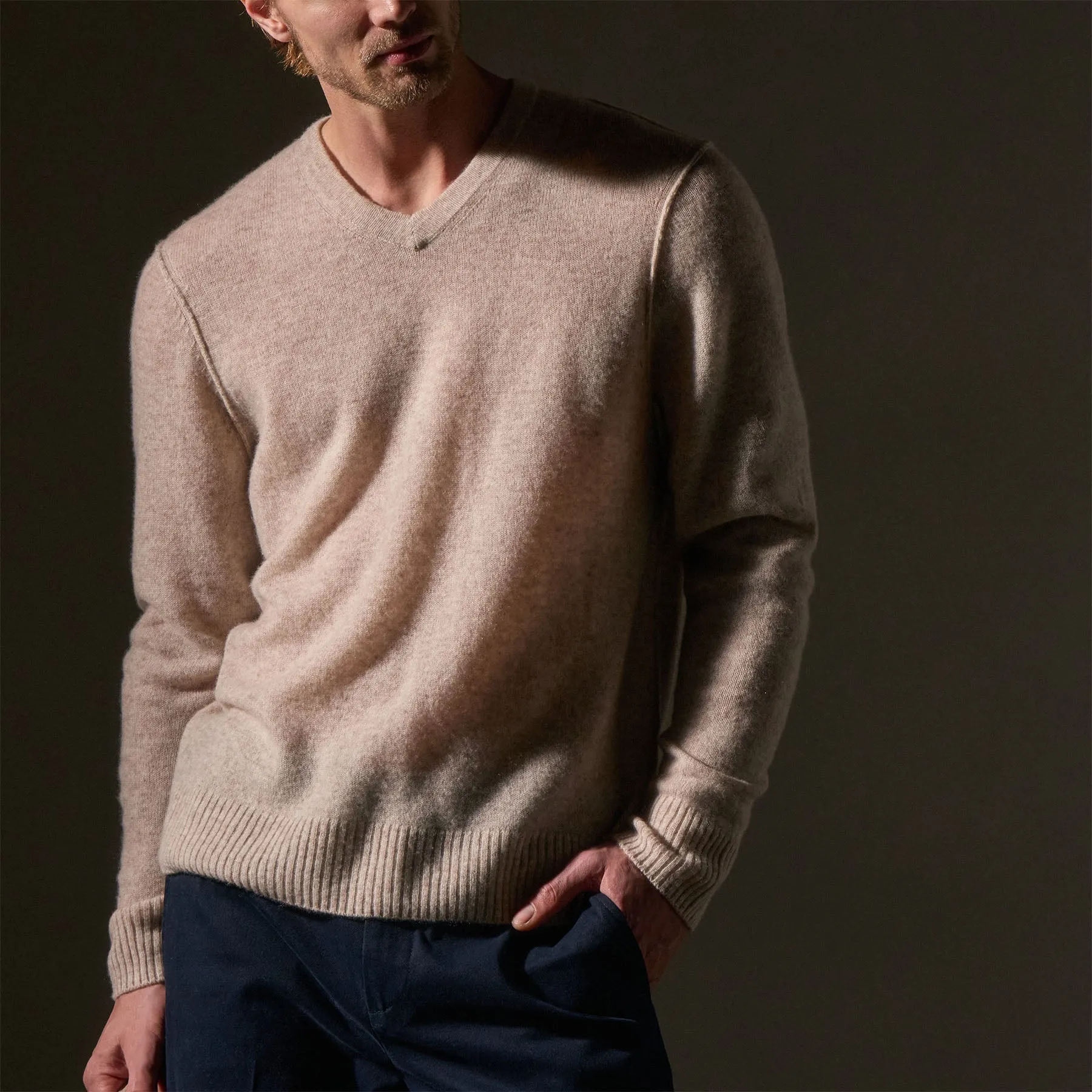 Soft Featherweight Cashmere V Neck - Light Beige