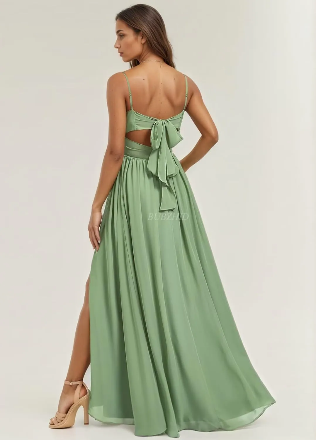 Spaghetti Straps Bridesmaid Dresses for Women V Neck Long Chiffon Formal Prom Dress with Slit