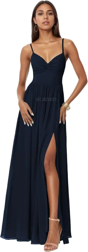 Spaghetti Straps Bridesmaid Dresses for Women V Neck Long Chiffon Formal Prom Dress with Slit