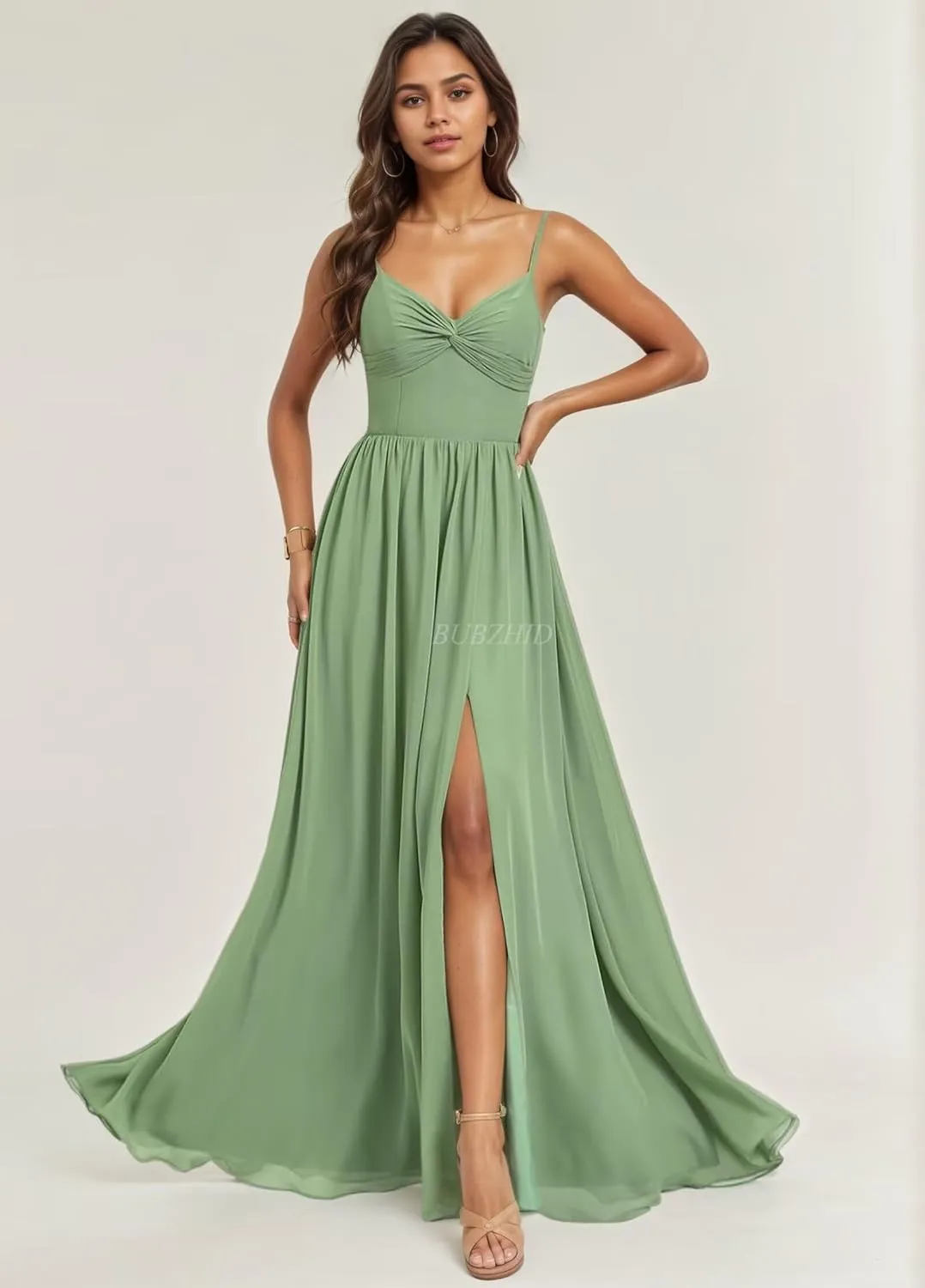 Spaghetti Straps Bridesmaid Dresses for Women V Neck Long Chiffon Formal Prom Dress with Slit