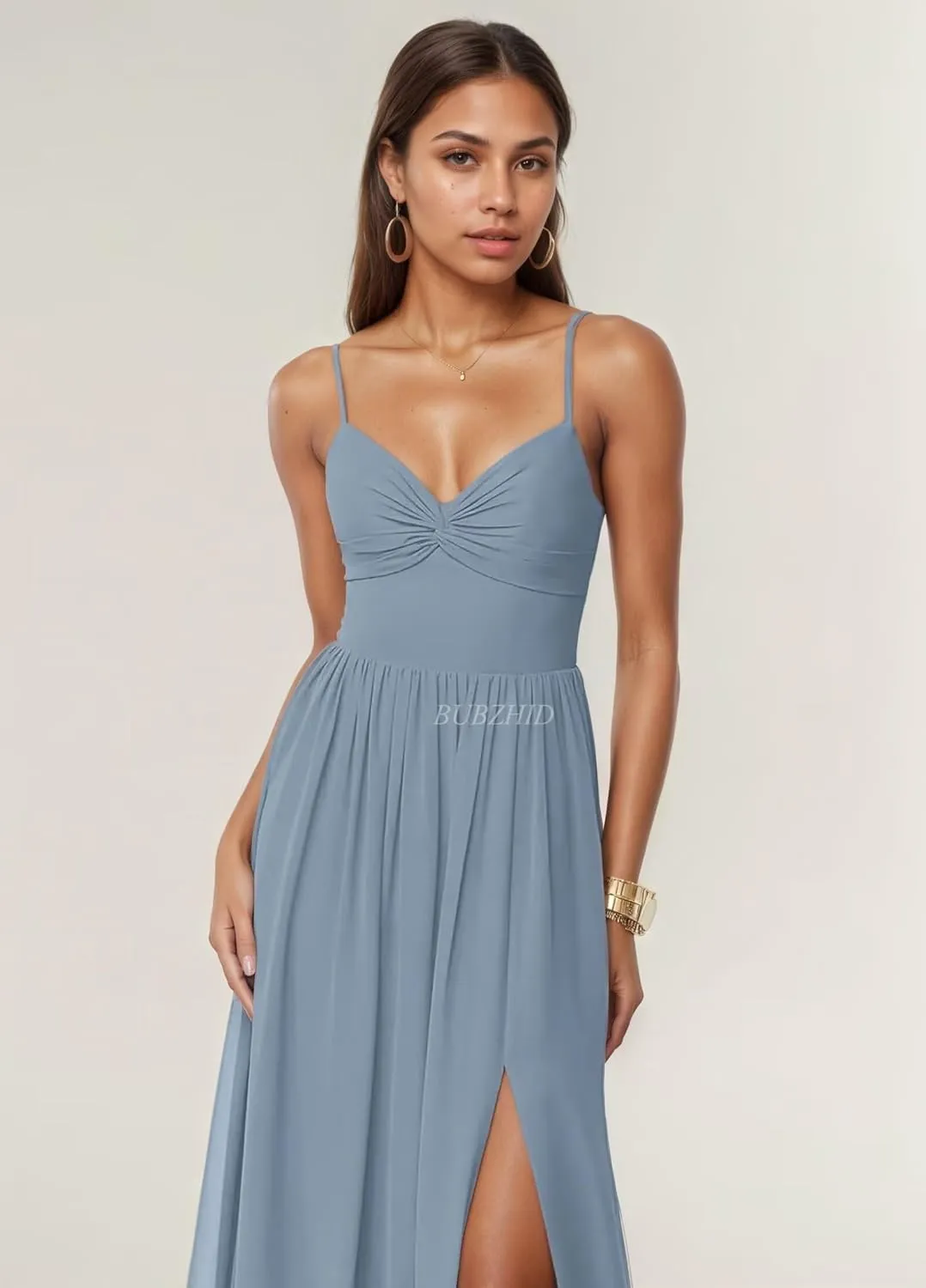 Spaghetti Straps Bridesmaid Dresses for Women V Neck Long Chiffon Formal Prom Dress with Slit