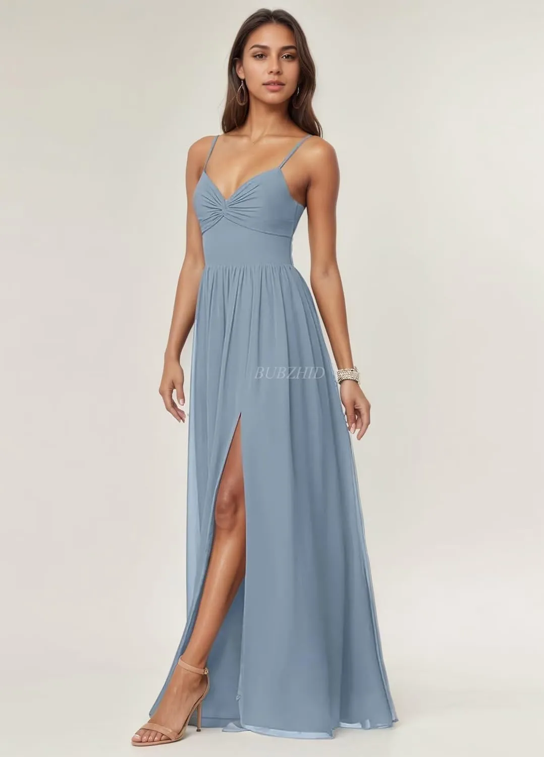Spaghetti Straps Bridesmaid Dresses for Women V Neck Long Chiffon Formal Prom Dress with Slit