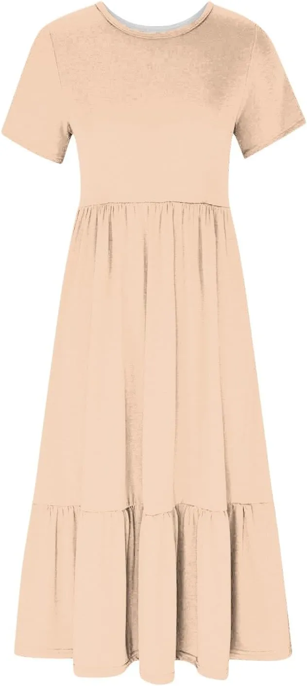 Spring Dresses for Women 2024 Trendy Short Sleeve Crewneck Flowy Tiered Midi Dress Casual Swing Beach Sundress with Pockets
