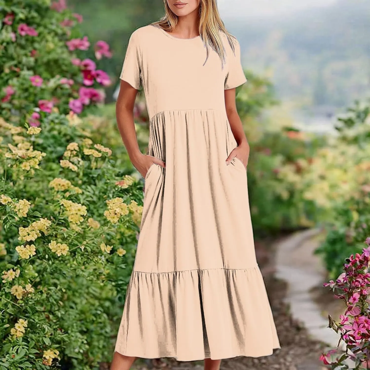 Spring Dresses for Women 2024 Trendy Short Sleeve Crewneck Flowy Tiered Midi Dress Casual Swing Beach Sundress with Pockets
