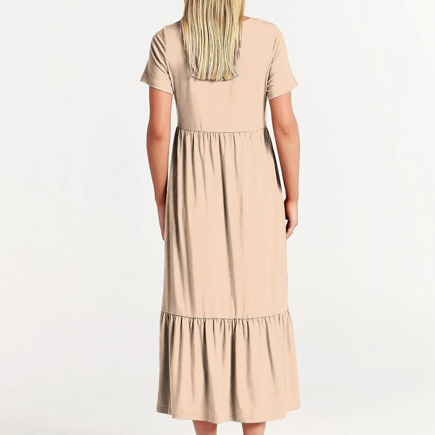 Spring Dresses for Women 2024 Trendy Short Sleeve Crewneck Flowy Tiered Midi Dress Casual Swing Beach Sundress with Pockets