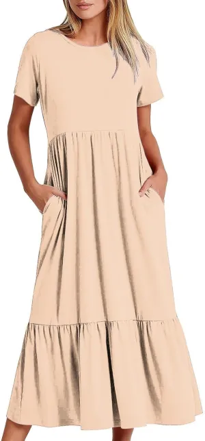 Spring Dresses for Women 2024 Trendy Short Sleeve Crewneck Flowy Tiered Midi Dress Casual Swing Beach Sundress with Pockets