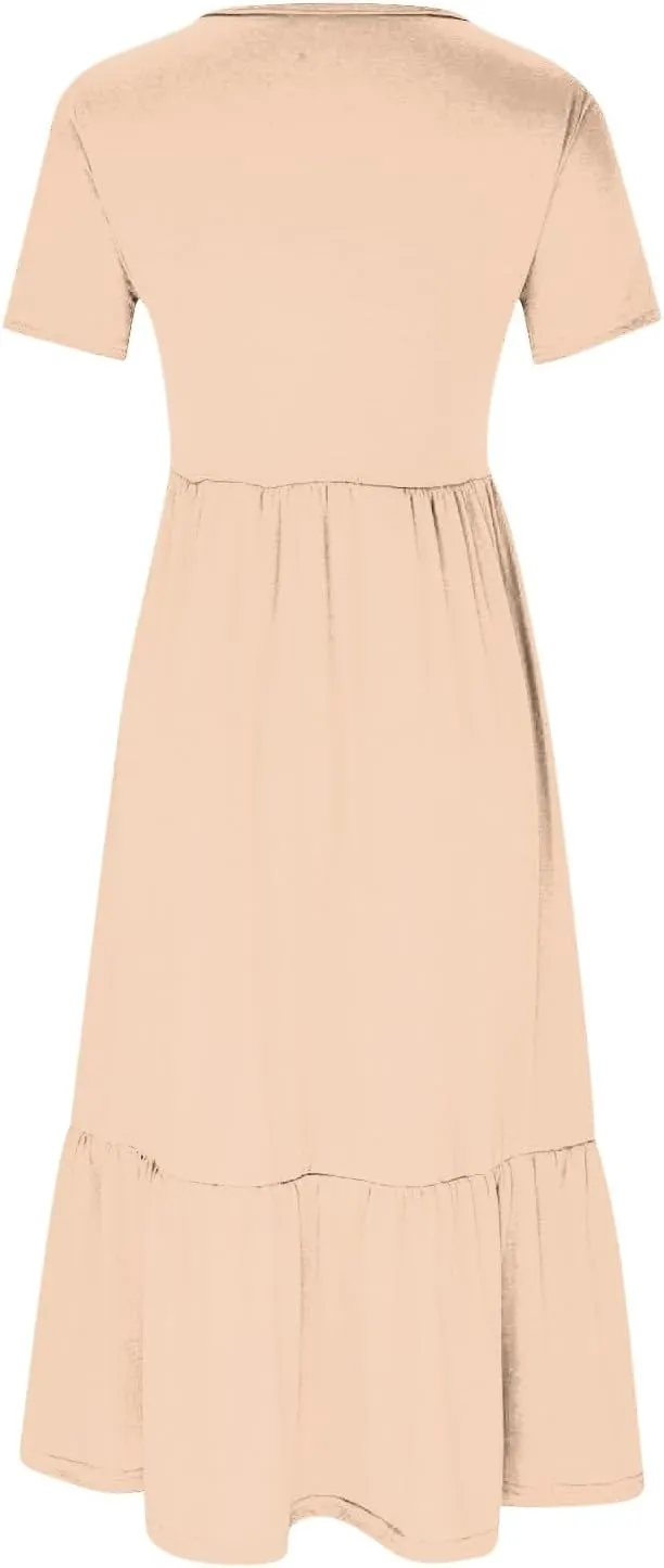 Spring Dresses for Women 2024 Trendy Short Sleeve Crewneck Flowy Tiered Midi Dress Casual Swing Beach Sundress with Pockets