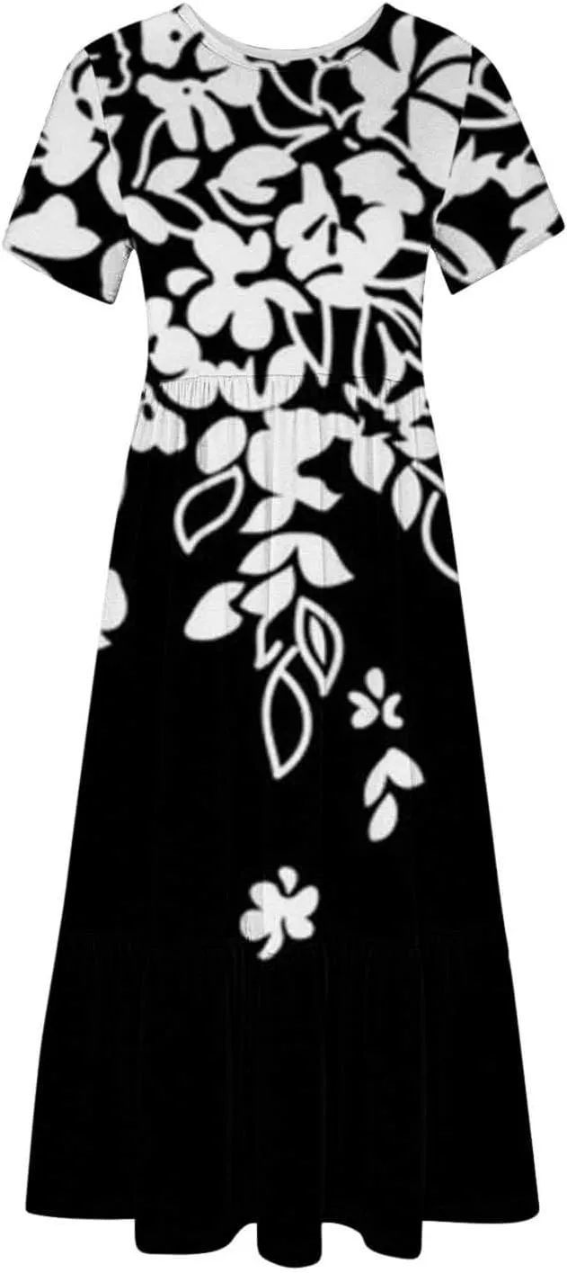 Spring Dresses for Women 2024 Trendy Short Sleeve Crewneck Flowy Tiered Midi Dress Casual Swing Beach Sundress with Pockets