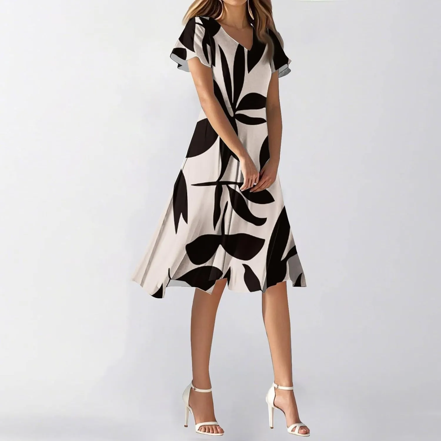 Spring Summer Dresses for Womencasualflowyelegant Wedding Dress Ruffle Short Sleeve Floral Dresses Midi Chiffon Dress