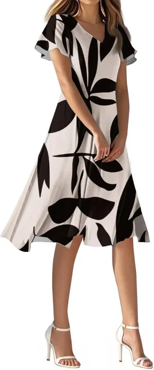 Spring Summer Dresses for Womencasualflowyelegant Wedding Dress Ruffle Short Sleeve Floral Dresses Midi Chiffon Dress