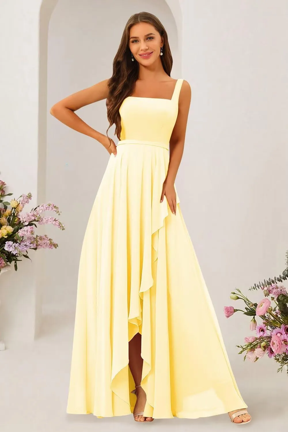 Square Neck Bridesmaid Dresses with Slit Chiffon Ruffled Ruched A-line Long Formal Evening Gowns EEM166