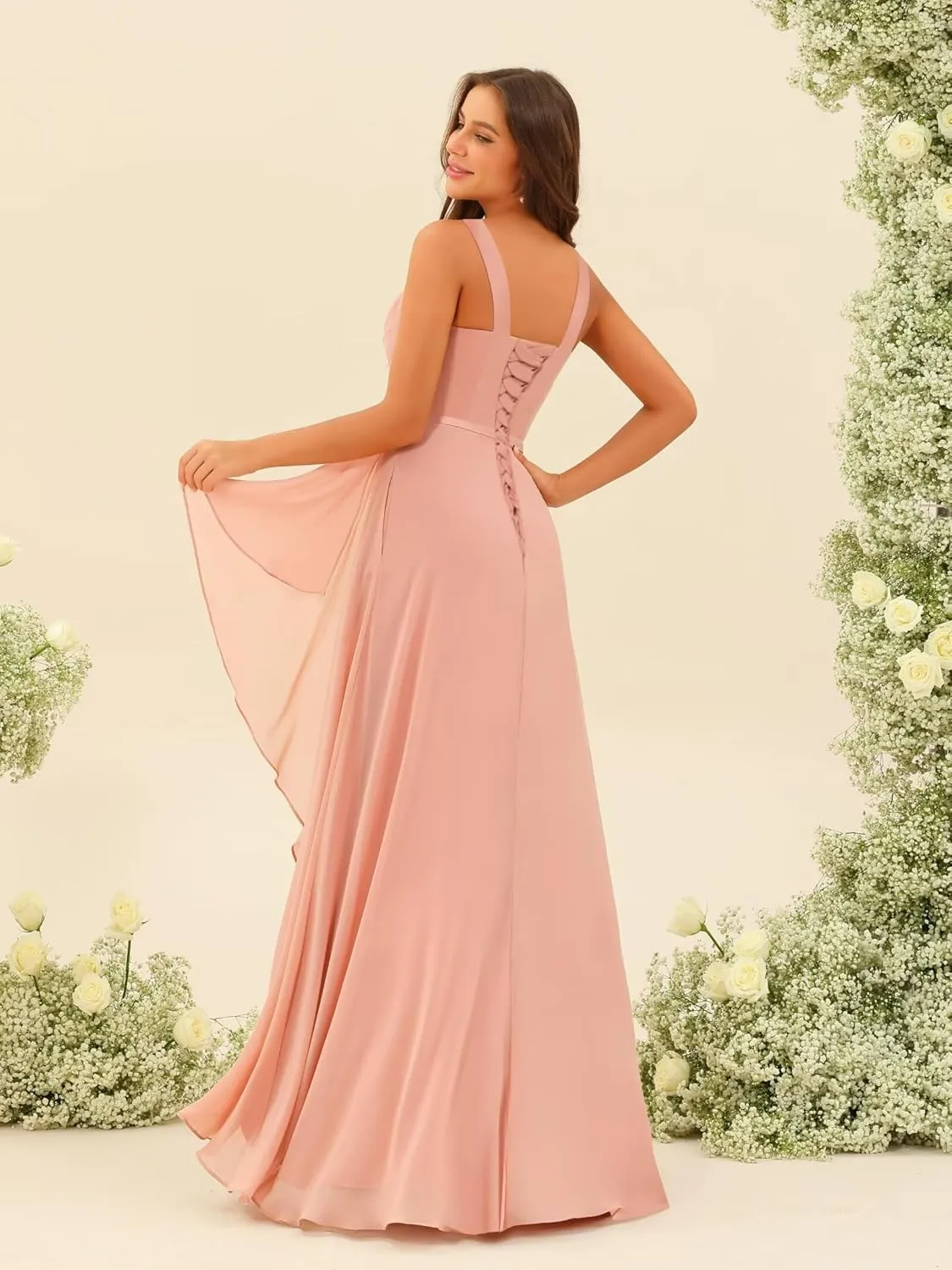 Square Neck Bridesmaid Dresses with Slit Chiffon Ruffled Ruched A-line Long Formal Evening Gowns EEM166