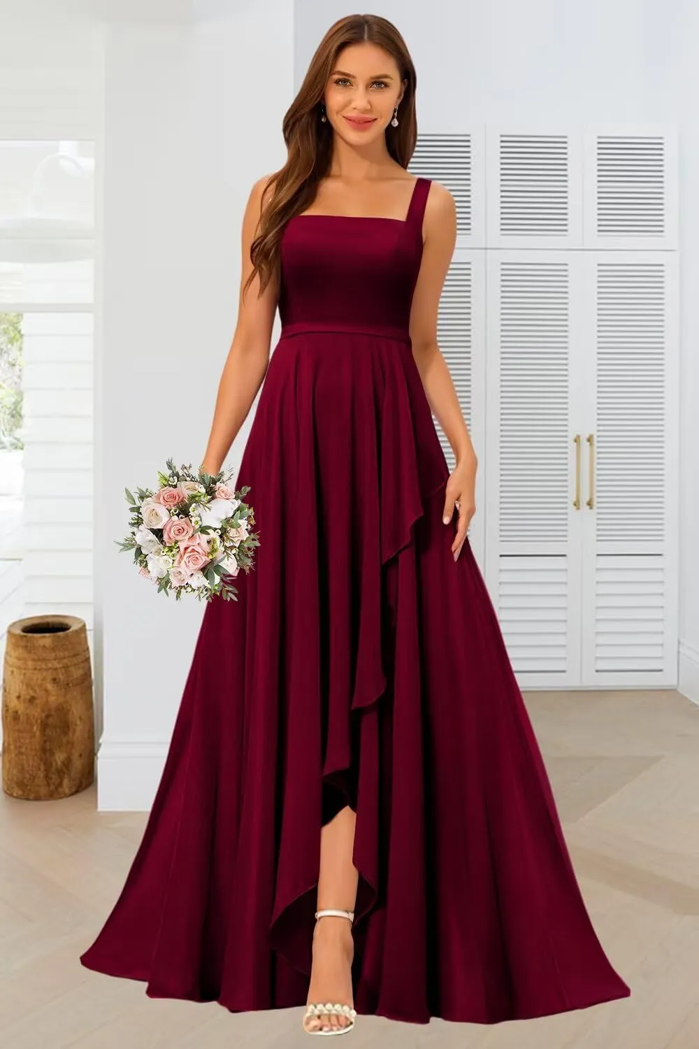 Square Neck Bridesmaid Dresses with Slit Chiffon Ruffled Ruched A-line Long Formal Evening Gowns EEM166