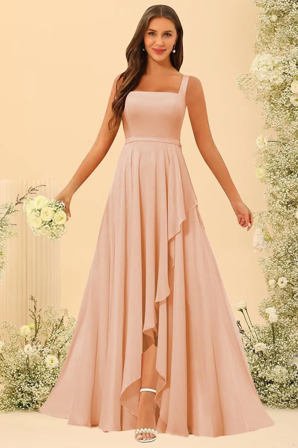 Square Neck Bridesmaid Dresses with Slit Chiffon Ruffled Ruched A-line Long Formal Evening Gowns EEM166