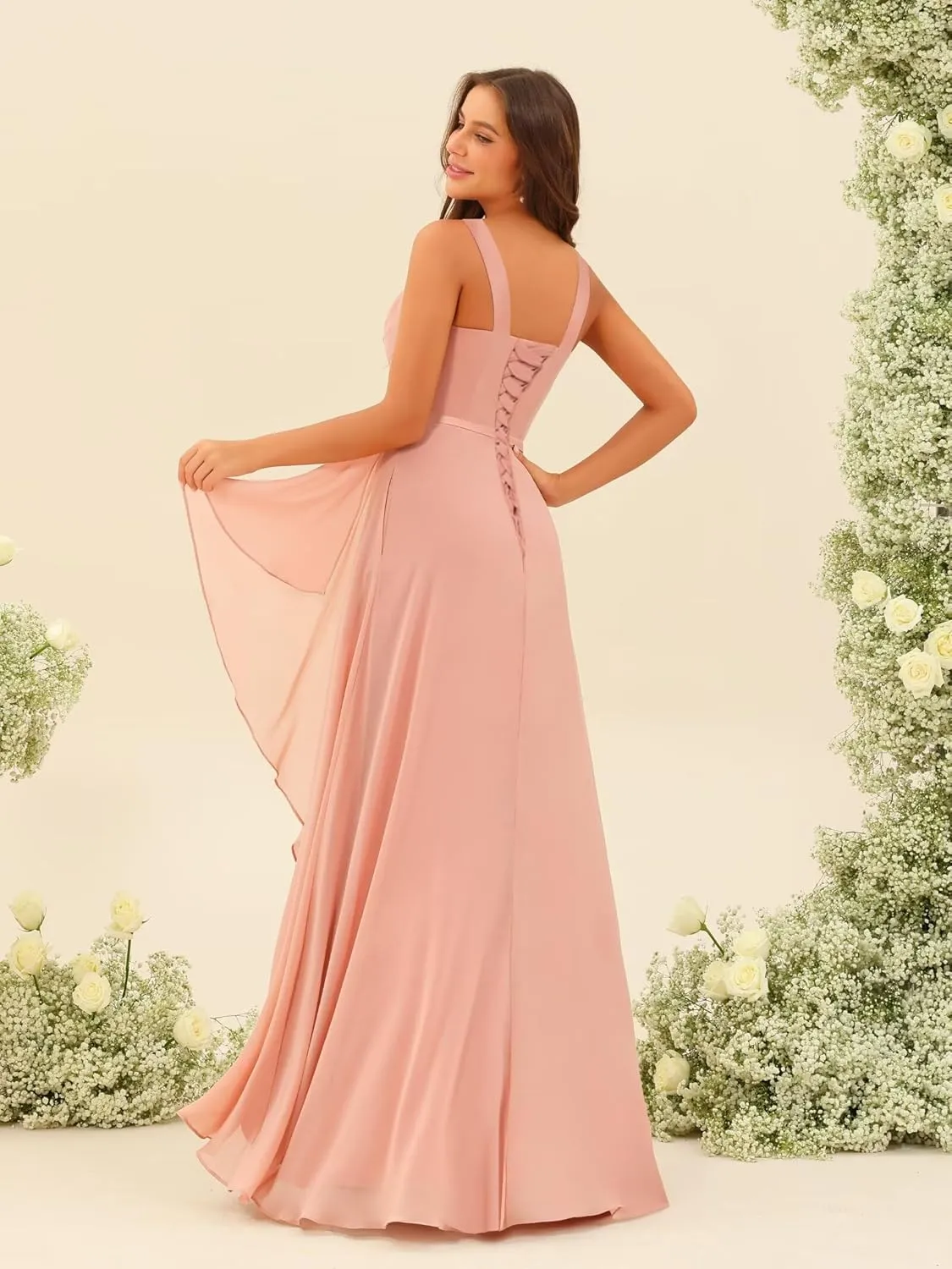 Square Neck Bridesmaid Dresses with Slit Chiffon Ruffled Ruched A-line Long Formal Evening Gowns EEM166