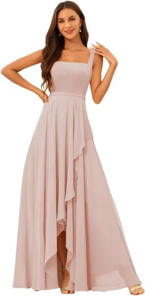 Square Neck Bridesmaid Dresses with Slit Chiffon Ruffled Ruched A-line Long Formal Evening Gowns EEM166