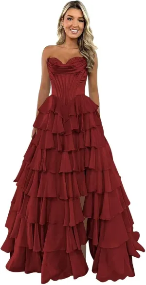 Strapless Long Prom Dresses for Women 2025 Corset Tiered Ruffle Formal Evening Gowns with Slit