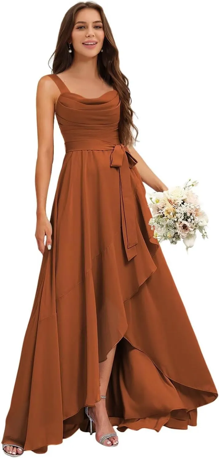 Stylefun Women's Square Neck Bridesmaid Dresses Long Asymmetrical A Line Chiffon Formal Dress with Belt CYM218
