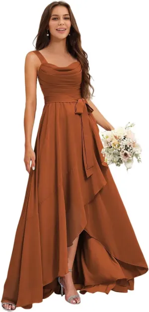Stylefun Women's Square Neck Bridesmaid Dresses Long Asymmetrical A Line Chiffon Formal Dress with Belt CYM218