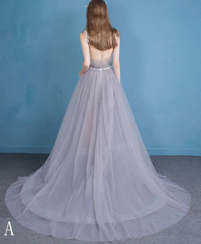 Stylish Gray Tulle Lace Long Prom Dress, Evening Dress