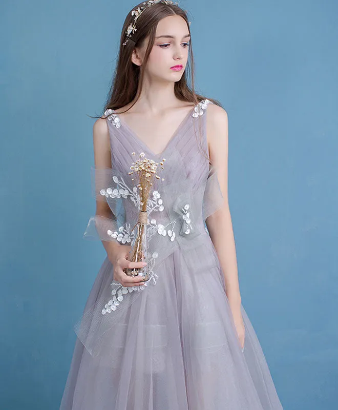 Stylish Gray Tulle Lace Long Prom Dress, Evening Dress