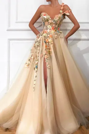 Stylish One Shoulder Tulle 3D Flowers Prom Dresses, Evening Dresses, SP689