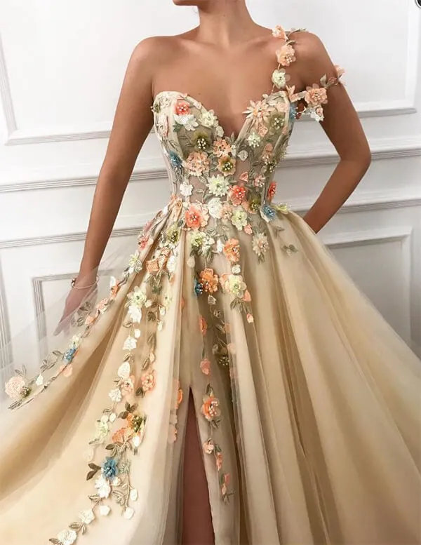 Stylish One Shoulder Tulle 3D Flowers Prom Dresses, Evening Dresses, SP689