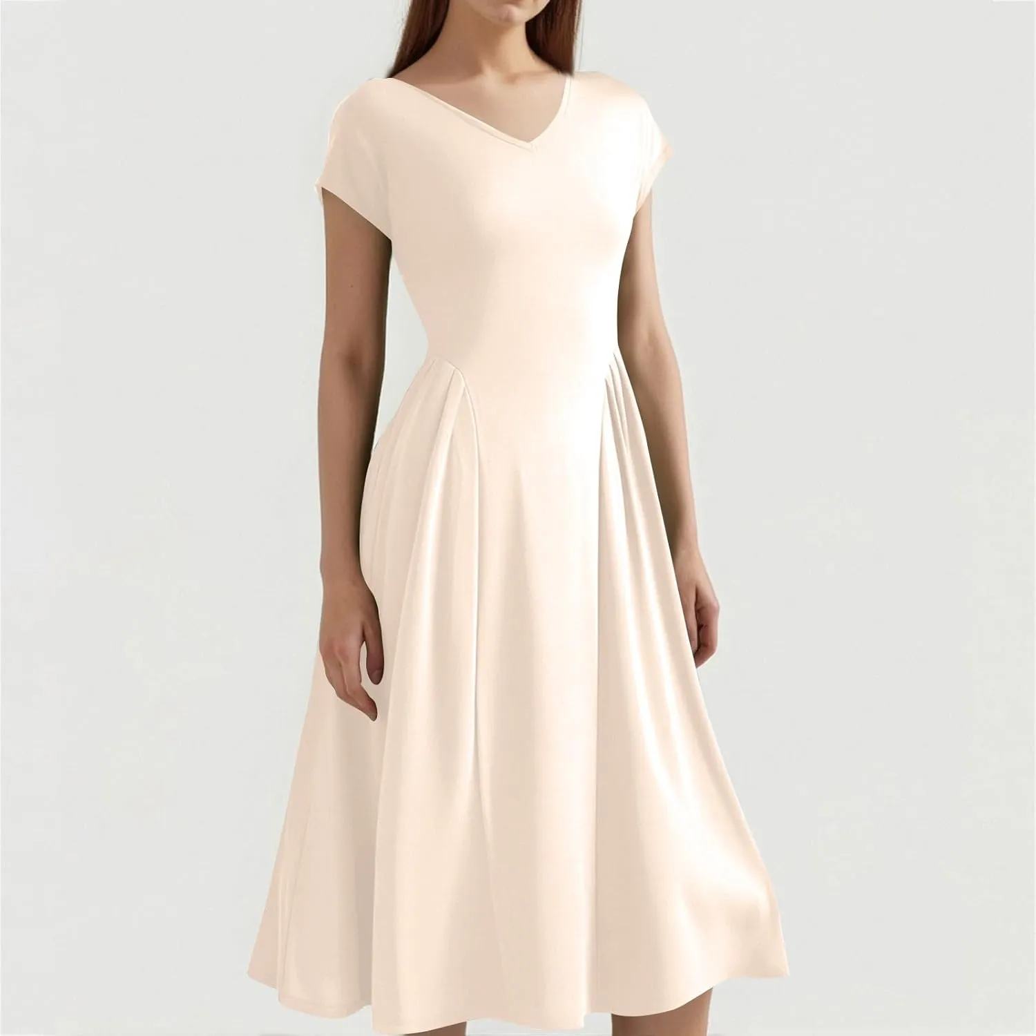 Summer Dresses for Women 2025 Casual V Neck Cap Sleeve Midi Dress Pleated Flowy Business Formal A Line Dresses