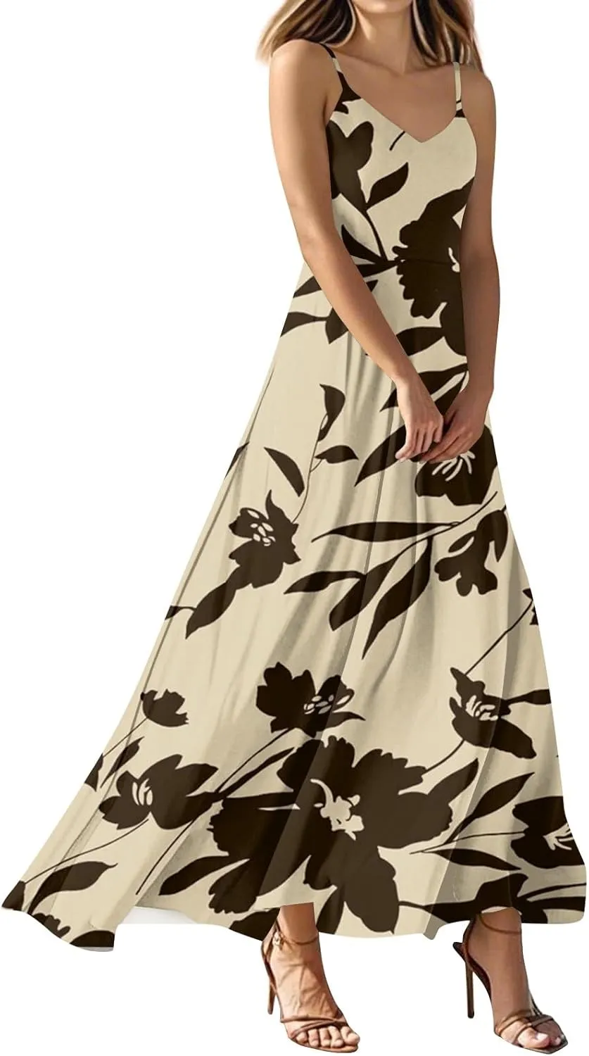 Summer Dresses for Women 2025 Spring Adjustable Spaghetti Strap Maxi Dress Floral Beach Vacation Long Sundress