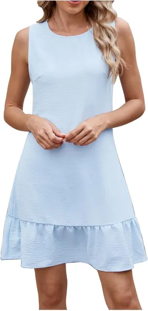 Summer Dresses for Women Casual Sleeveless Flowy Ruffle Hem A Line Mini Tank Dress Tie Backless Beach Vacation Sundress