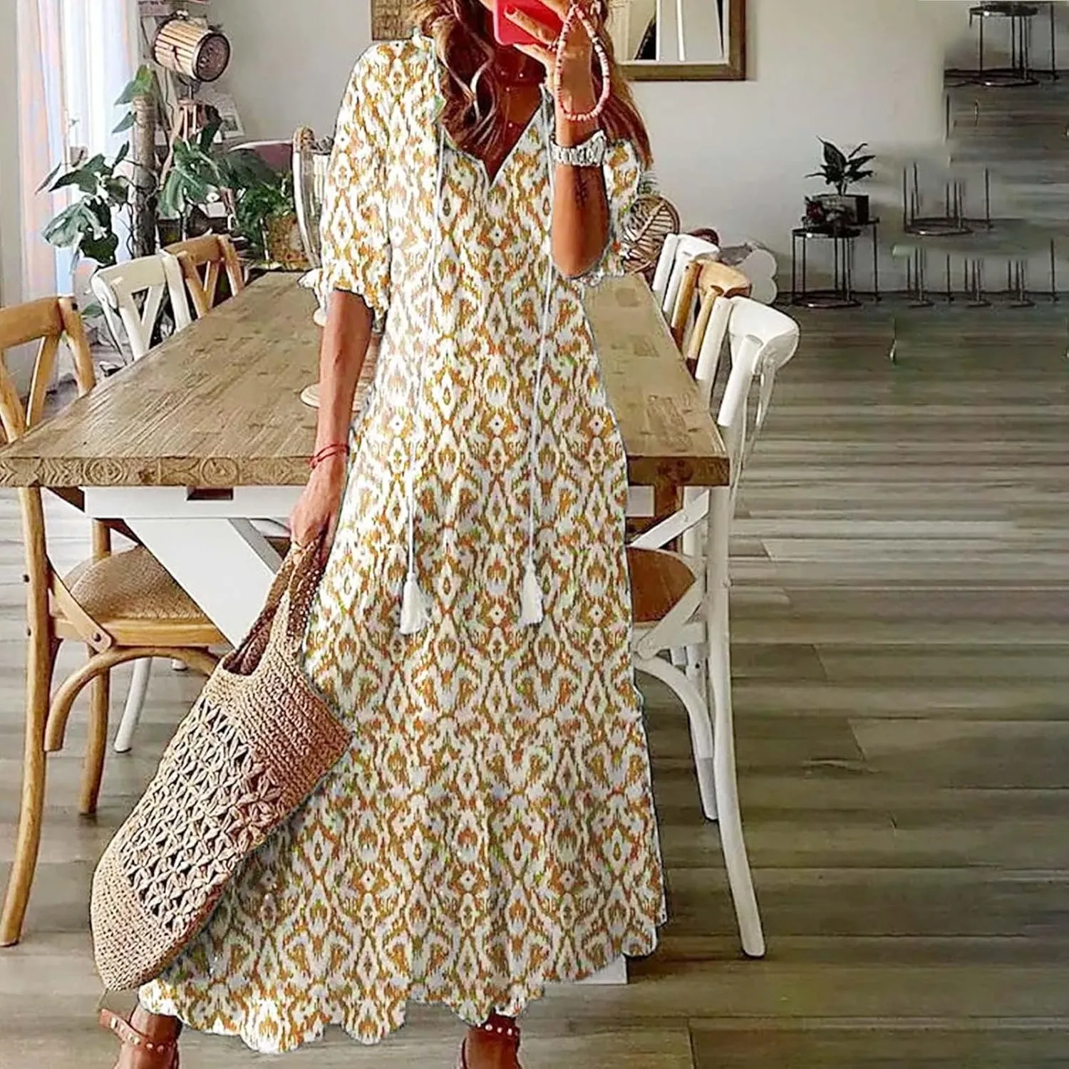 Summer Dresses for Women Tassel Tie V Neck Ruffle Elbow Length Sleeve Boho Floral Print Maxi Dress Beach Vacation Long Dress