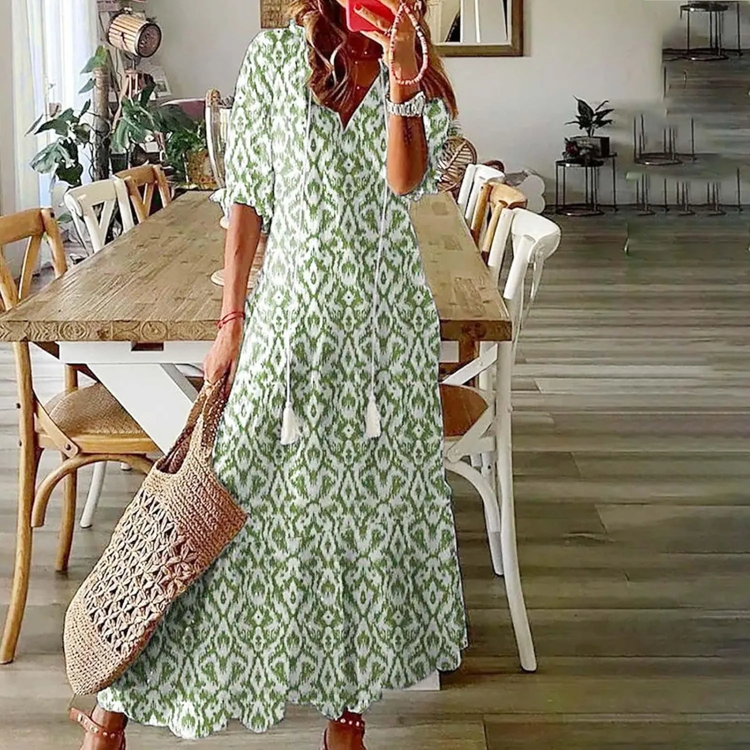 Summer Dresses for Women Tassel Tie V Neck Ruffle Elbow Length Sleeve Boho Floral Print Maxi Dress Beach Vacation Long Dress