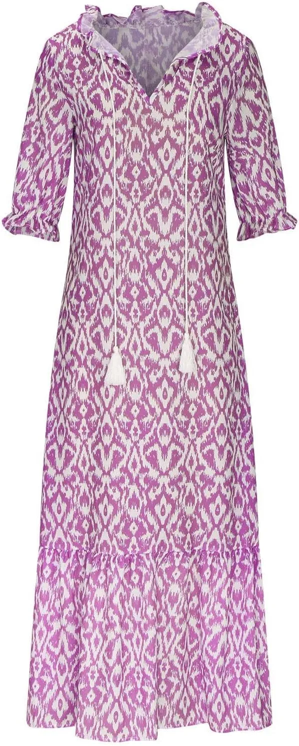 Summer Dresses for Women Tassel Tie V Neck Ruffle Elbow Length Sleeve Boho Floral Print Maxi Dress Beach Vacation Long Dress